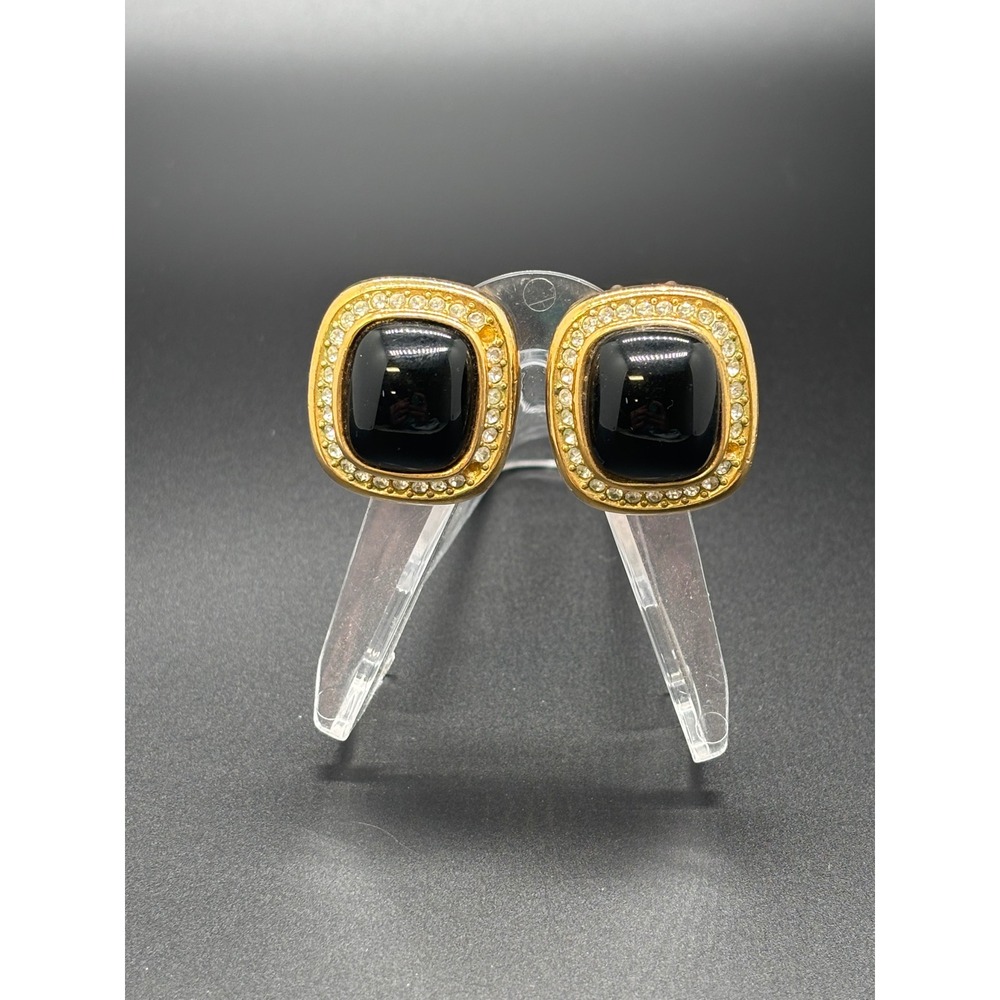 Christian‎ Dior Vintage Gold Tone Black Cabochon Rhinestone Clip On Earrings
